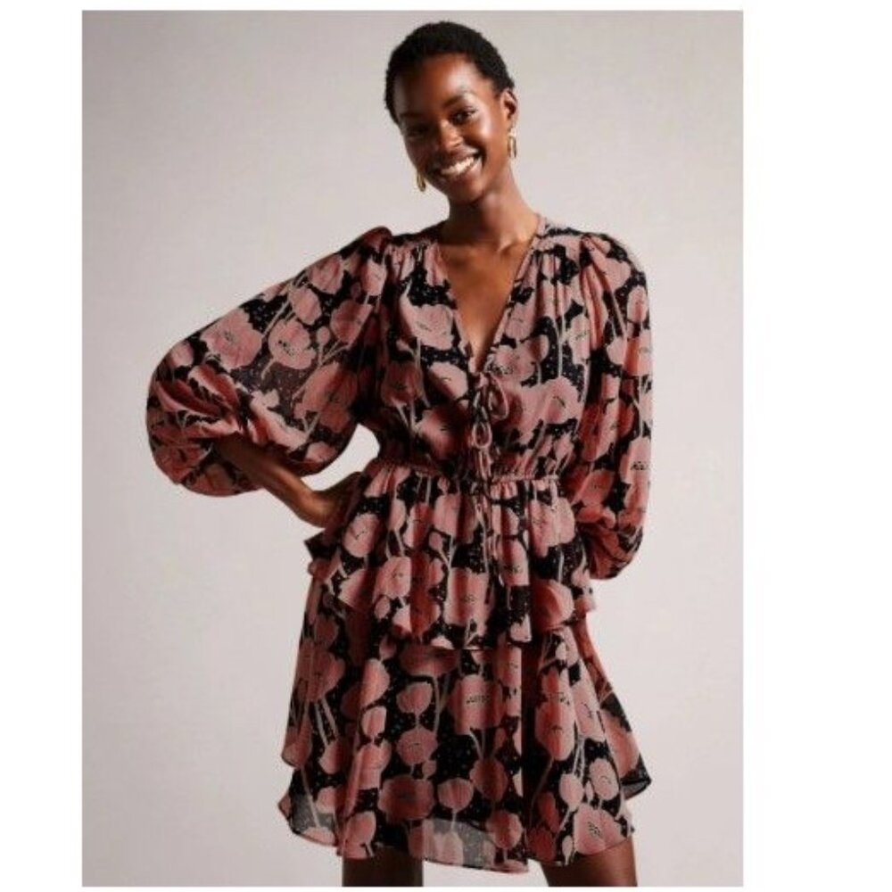 Floral Puff-Sleeve V-Neck Mini Dress in Rose